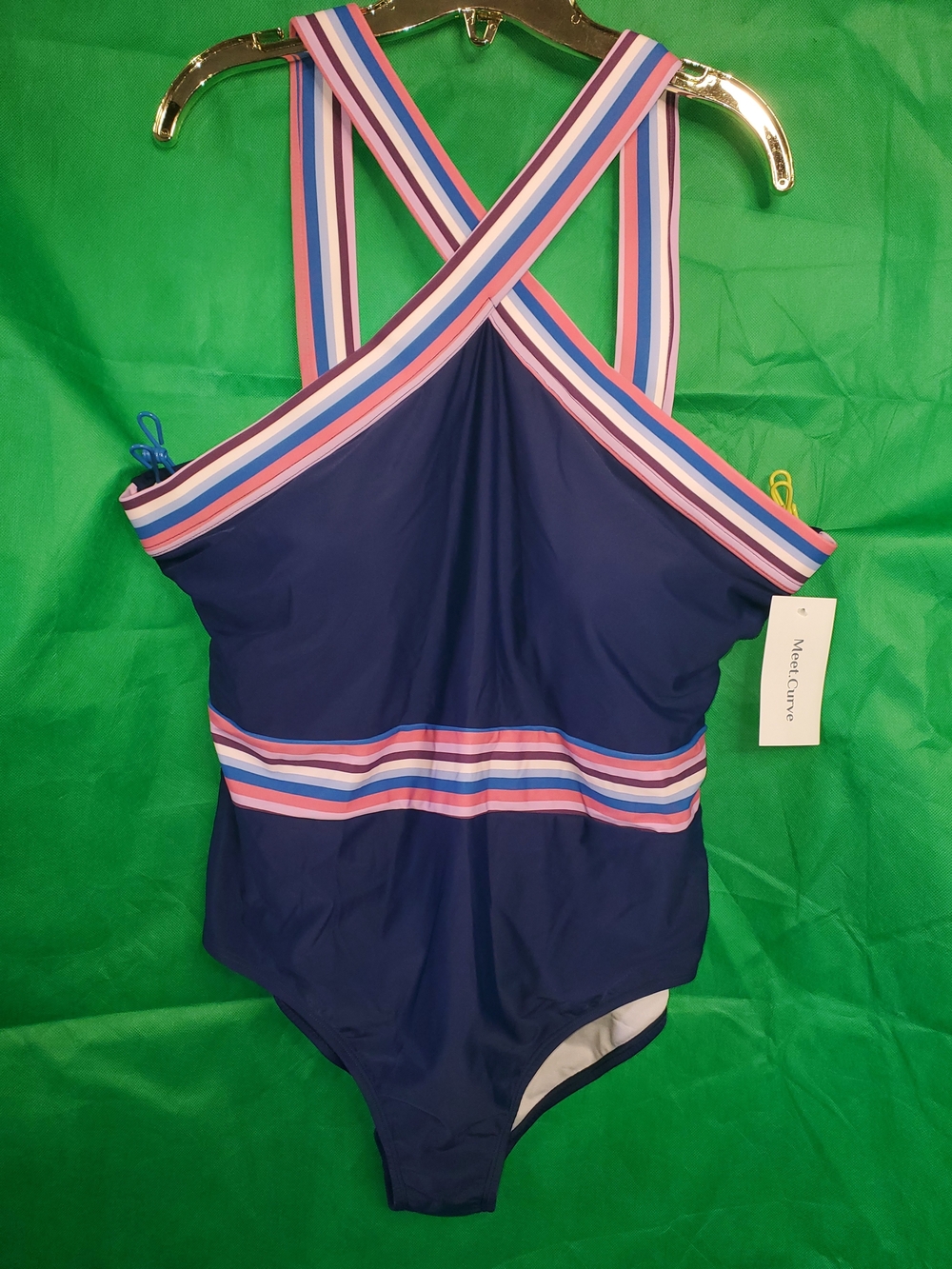 Meet.Curve Ladies 3x' Navy One-Piece Swimsuit with Pink & Blue Stripes